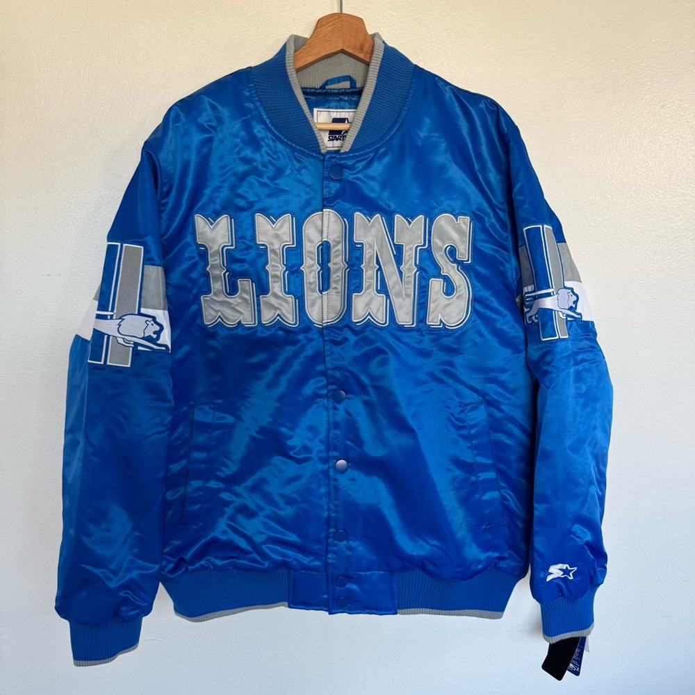 NEW Detroit Lions Jacket Mens Large Starter NFL Football Satin Bomber Coat Blue